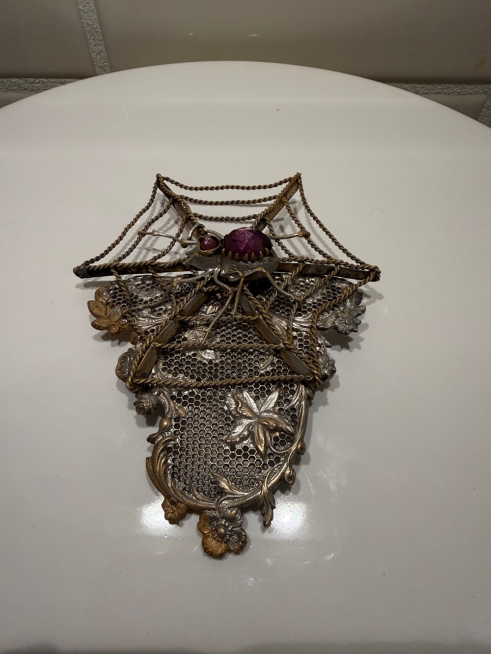 Vintage Metal Filigree Brooch with Purple Stone